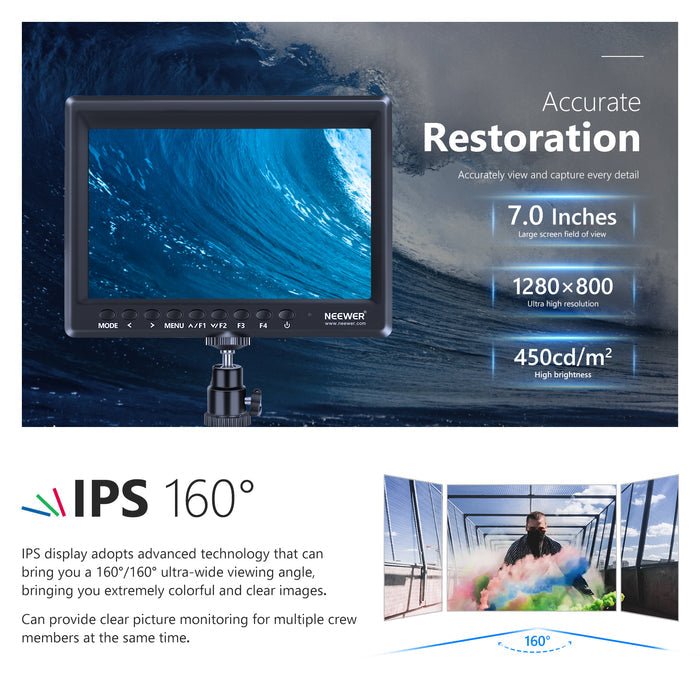 NEEWER F100 External Camera Monitor features a 7-inch wide view angle IPS panel