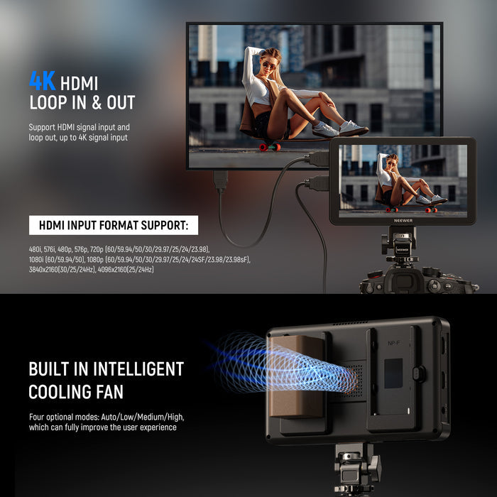 NEEWER F700 Touch Screen Field Monitor features an intelligent cooling fan.