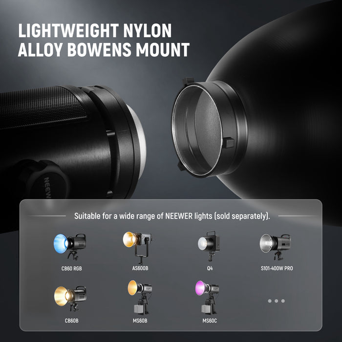 NEEWER FR30 deep focus reflector features nylon alloy bowens mount.