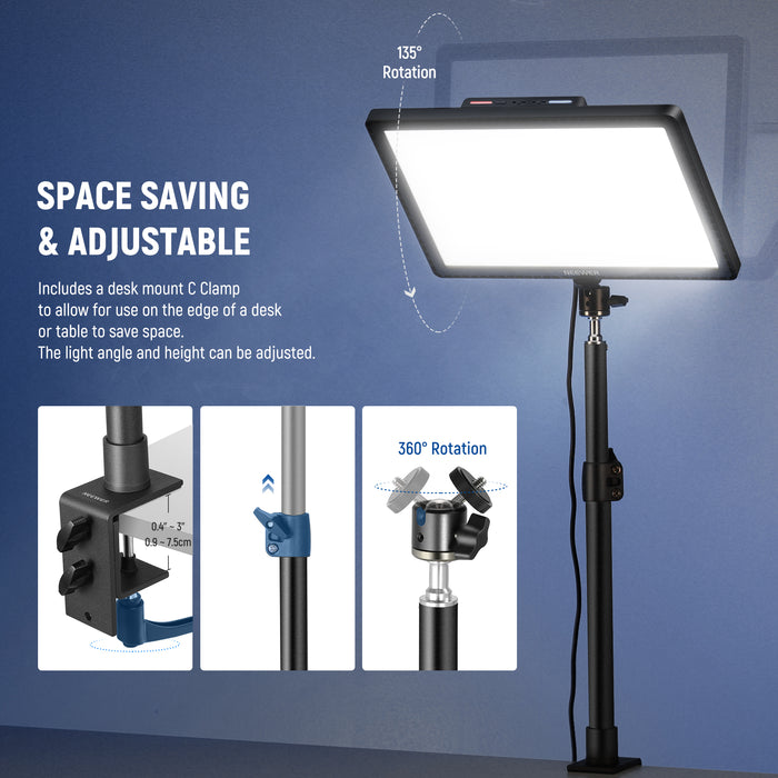 A desk mount C-Clamp included allows for use on the edge of a desk or table.