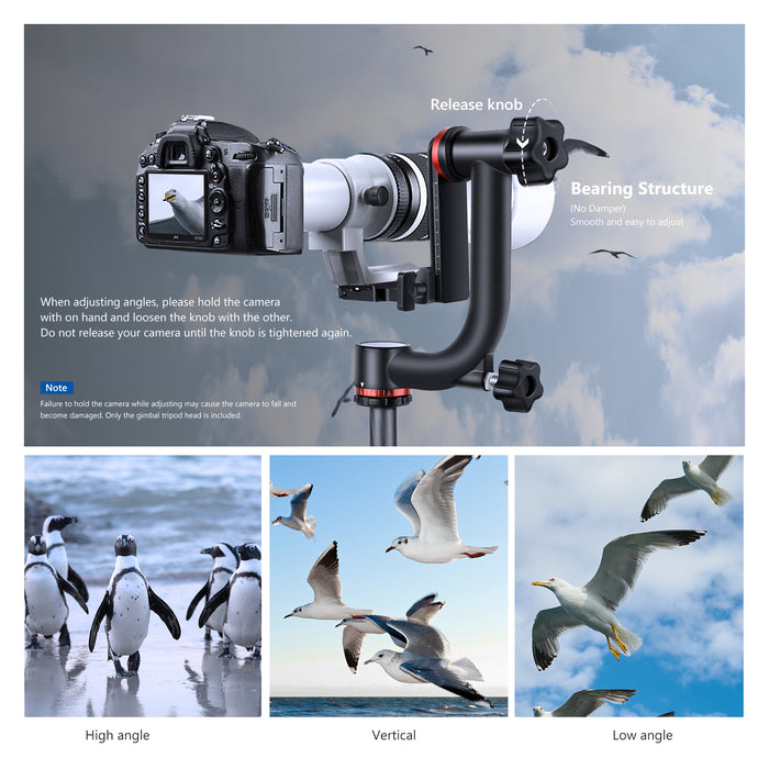 NEEWER GM101 Aluminum Alloy Gimbal Tripod Head can securely support professional camera bodies and telephoto lenses within 30lb