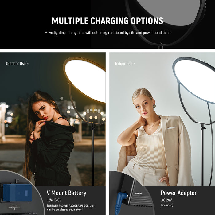 NEEWER GR18C Round LED Panel Light offers multiple charging options.