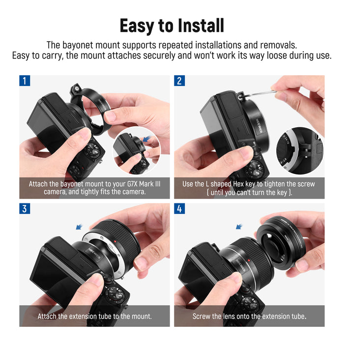 NEEWER 2 in 1 Wide Angle & 10x Macro Additional Lens for Canon G7X Mark III is easy to install.