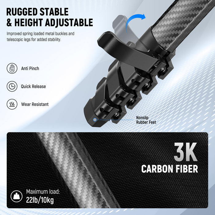 Spring loaded metal buckles enable rapid, safe and stable height adjustment.