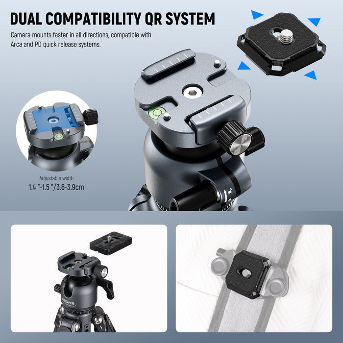 NEEWER LITETRIP LT38 Carbon Fiber Tripod features dual compatibility QR system.