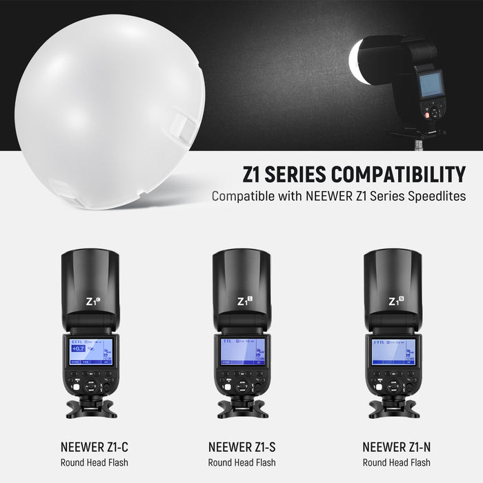 NEEWER M12 dome flash diffuser is specifically designed for NEEWER Z2PRO, Z2-S, Z2-N, Z2-C, Z1-S, Z1-N, and Z1-C.