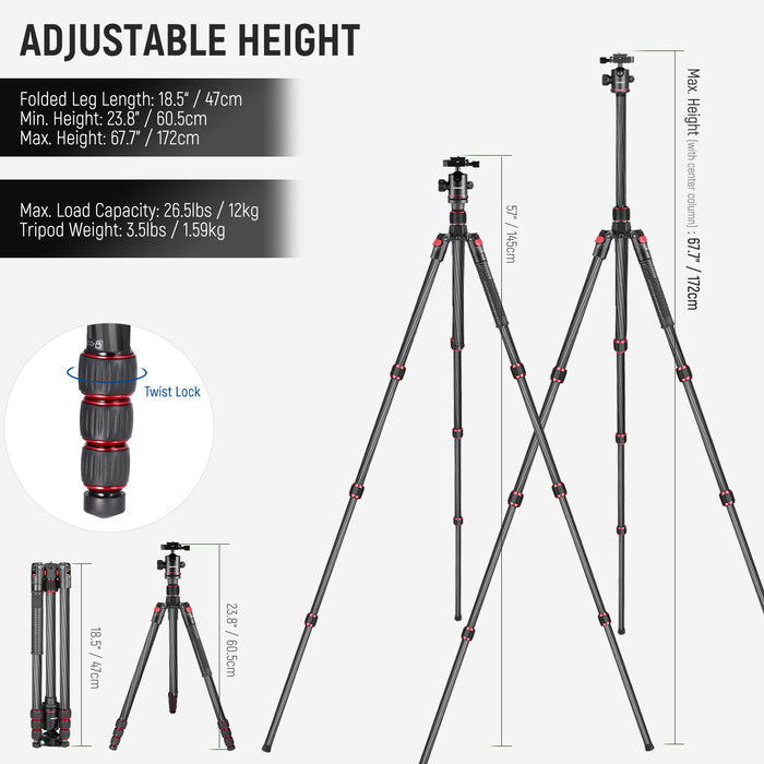 NEEWER N55C Carbon Fiber Tripod can extend from 23.8” to 68”