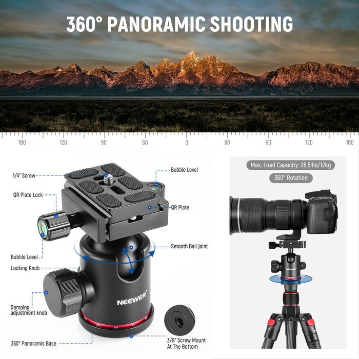 NEEWER N55C Carbon Fiber Tripod features a versatile 360° ball head.