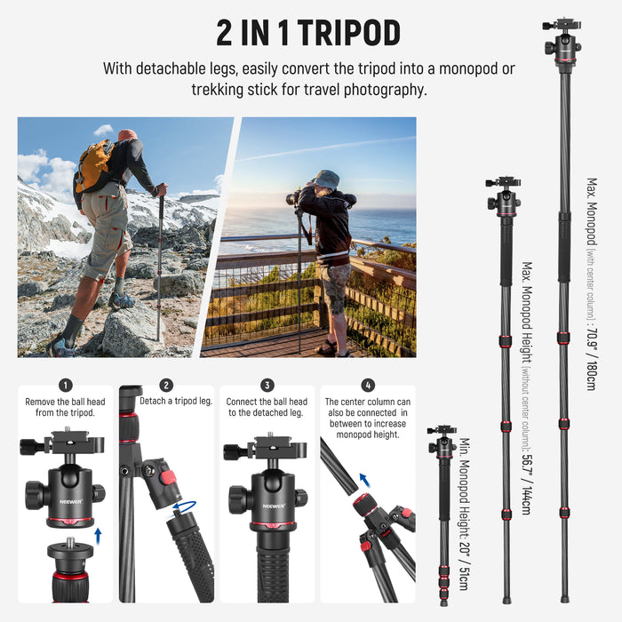 NEEWER N55C Carbon Fiber Tripod  allows transformation from a tripod to a monopod