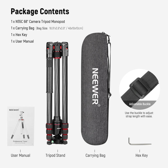 Package Contents of the NEEWER N55C Carbon Fiber Tripod