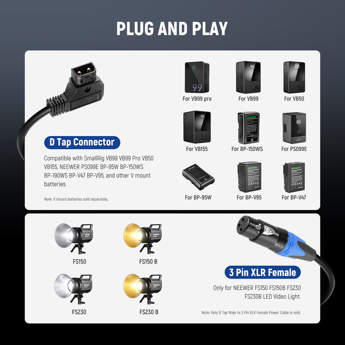 This D tap to 3 pin XLR cable is designed for NEEWER FS Series Lights.