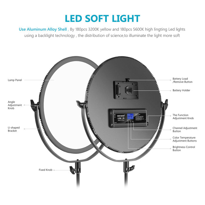 NEEWER NL-360ARC Bi-Color Round LED Light uses aluminum shell.