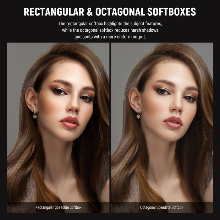 The 6" x 5" rectangular softbox creates a linear and widened light output