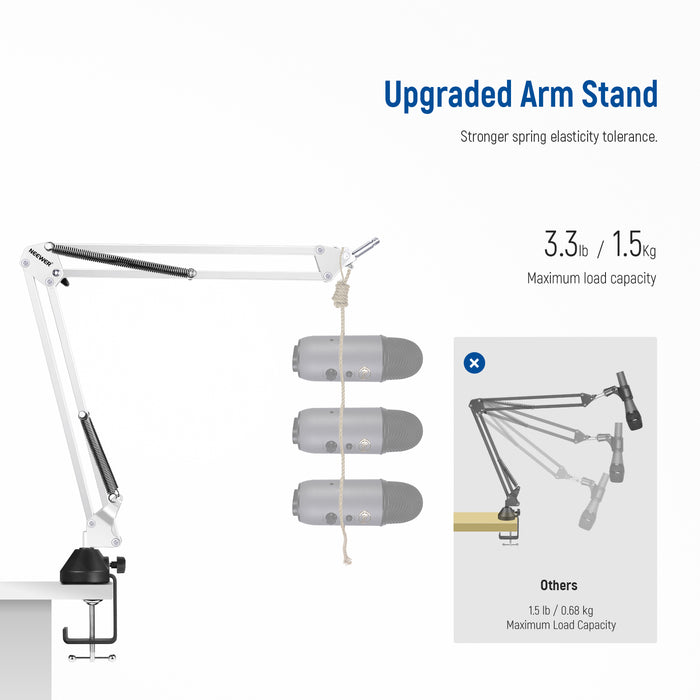 the boom arm is compact yet stable enough to support a load of up to 3.3lb