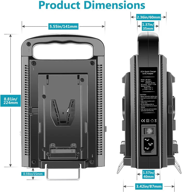 Product dimensions of the NEEWER NW-BP-2CH Dual Channel V Lock Battery Charger