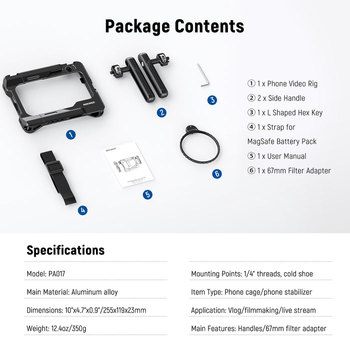 Package Contents of the NEEWER PA017 Universal Phone Video Rig