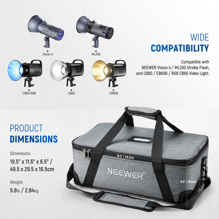 Product dimensions of the NEEWER PB5 Carrying Bag for Flash