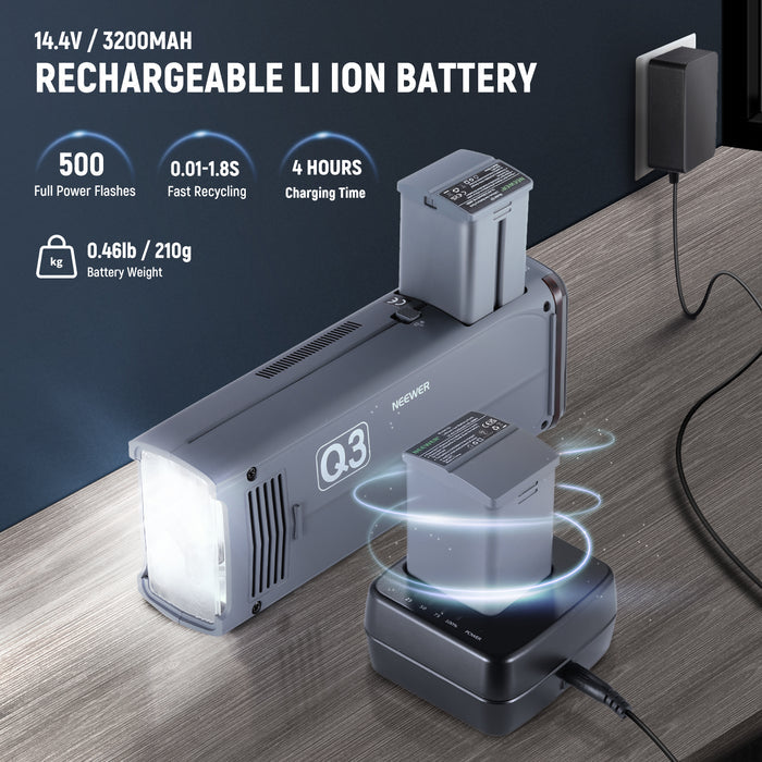 NEEWER Q3 200Ws Strobe Light features the 14.4V 3200mAh battery