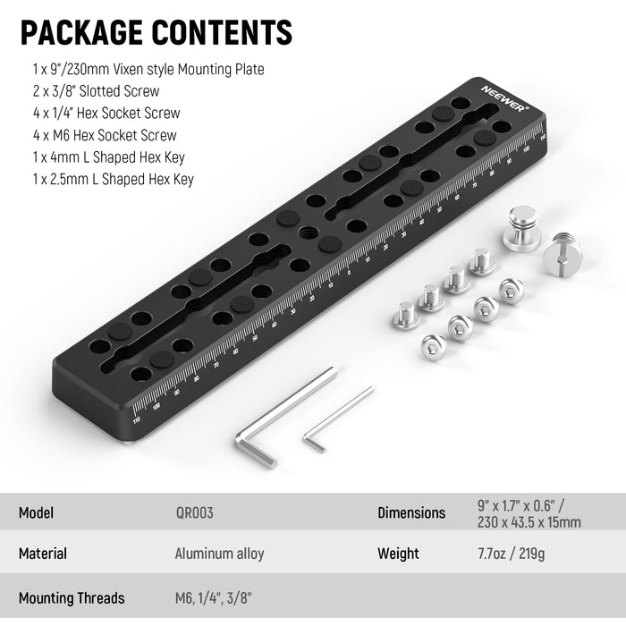 NEEWER QR003 9"/230mm Rail Bar Vixen Style Dovetail Plate
