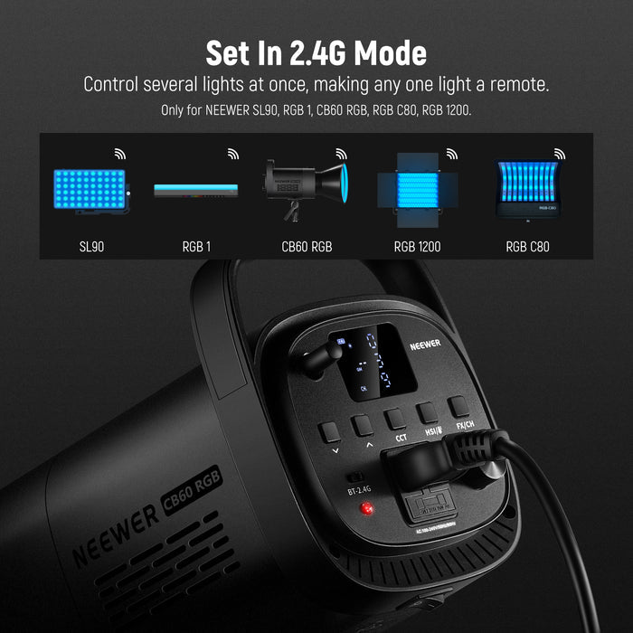 NEEWER CB60 RGB 70W LED Video Light has a built in 2.4G system.