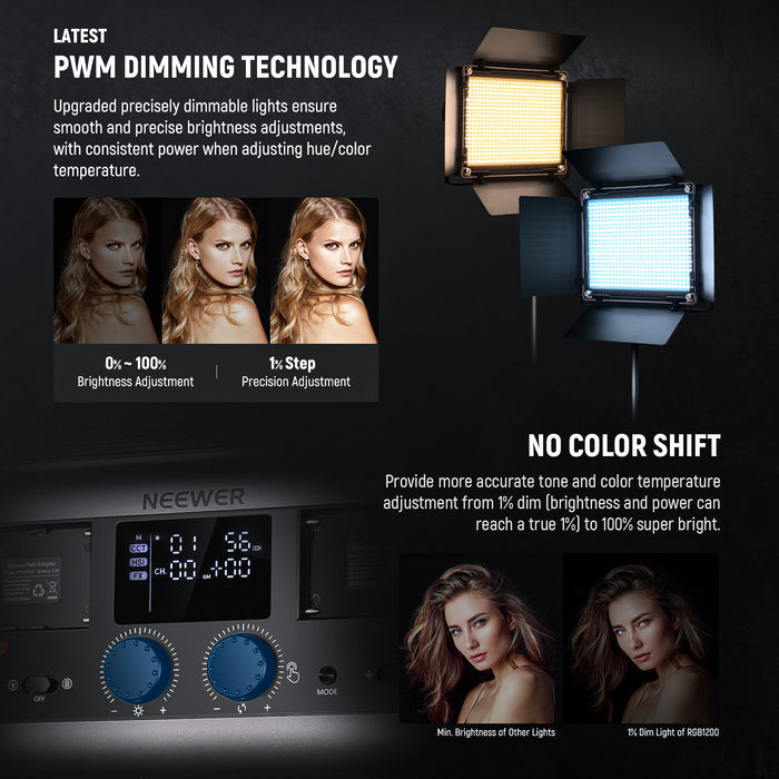 With NEEWER linear PWM dimming technology, this RGB light breaks the minimum brightness limit from 1% slight bright to 100% ultra bright