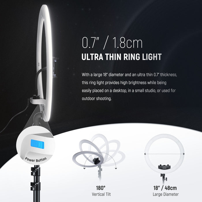 NEEWER RP18B Pro Ring Light is only 0.7"/1.8 cm thick.