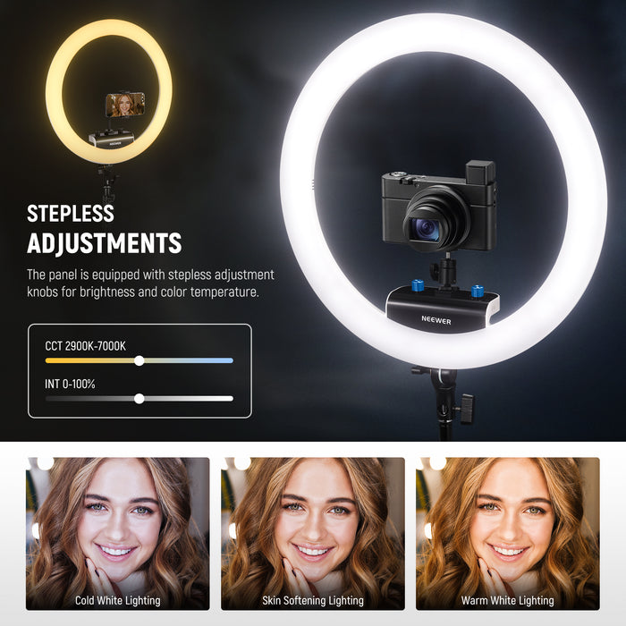 NEEWER RP18B Pro Ring Light features stepless adjustment knobs.
