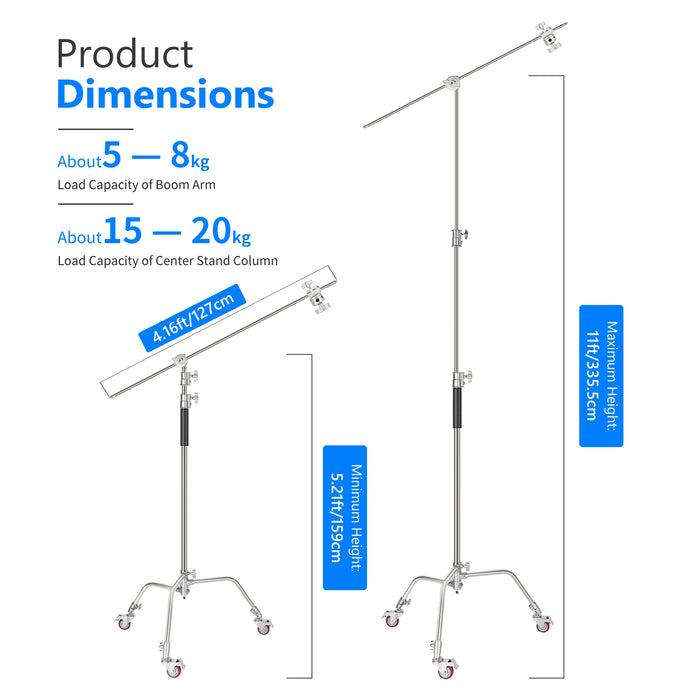Product dimensions of the NEEWER Metal C Stand Light Stand With Wheels