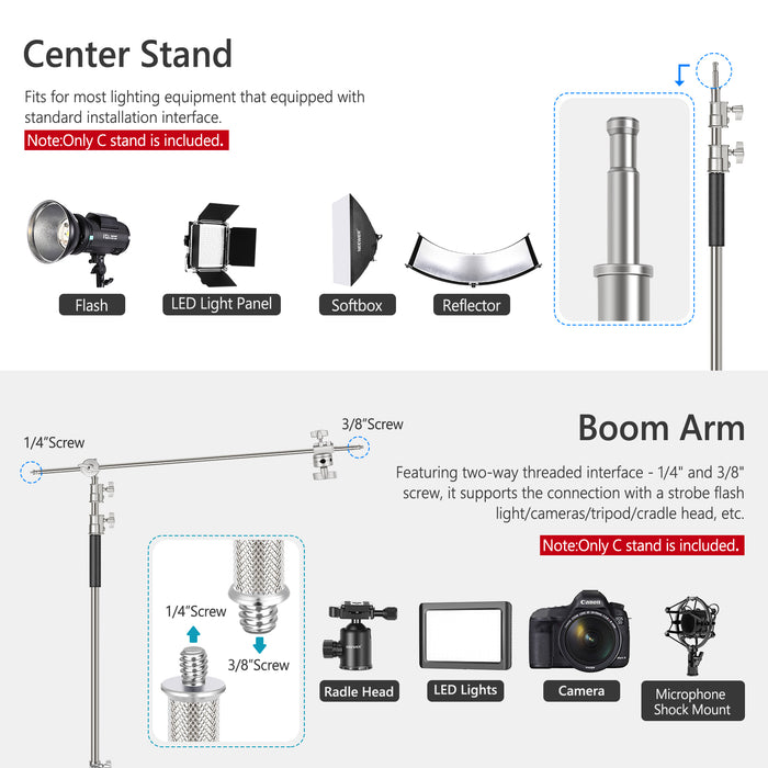 NEEWER SC330W C Stand With 3 Swivel Caster Wheels features 2-way threaded interface.