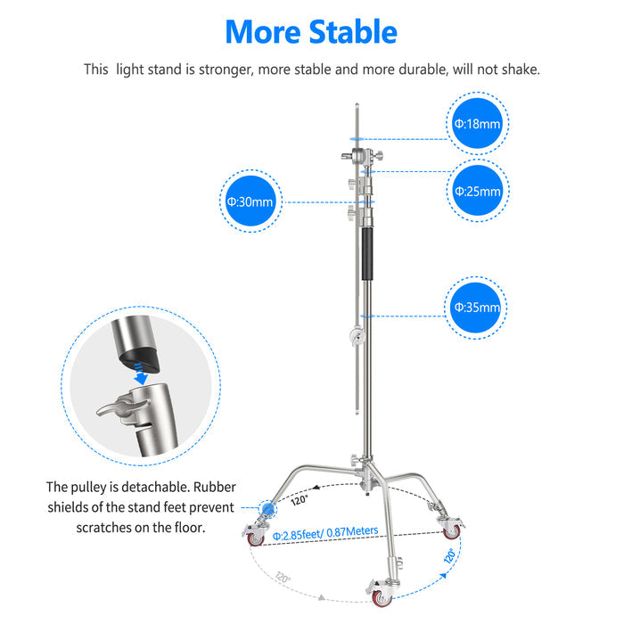 NEEWER Metal C Stand Light Stand With Wheels is more stable.