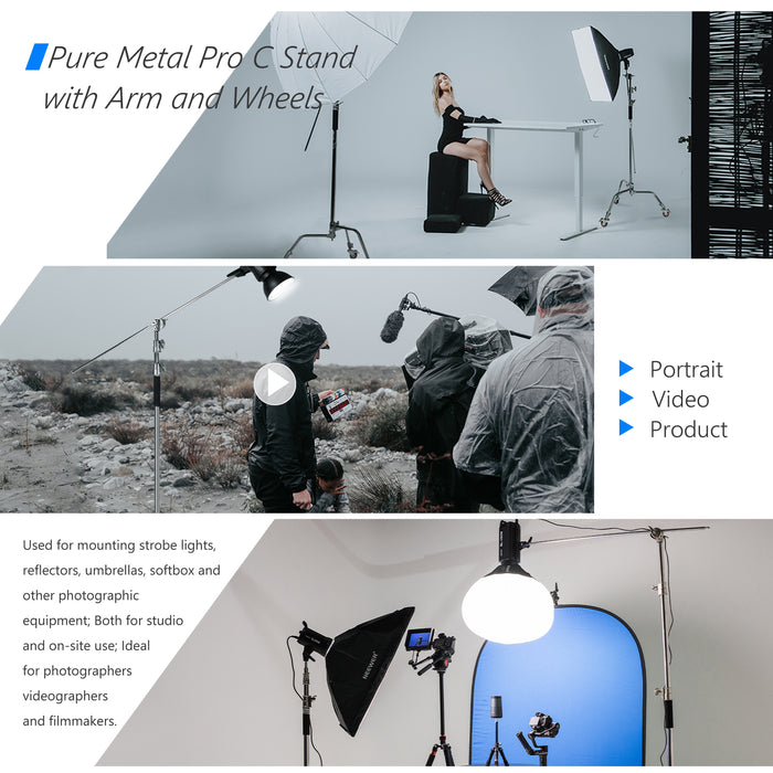 NEEWER SC330W C Stand With 3 Swivel Caster Wheels is ideal for portrait, video, and product.