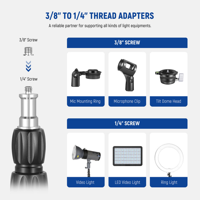 NEEWER ST210R Travel Light Stand is equipped with a reversible 1/4” to 3/8” screw adapter