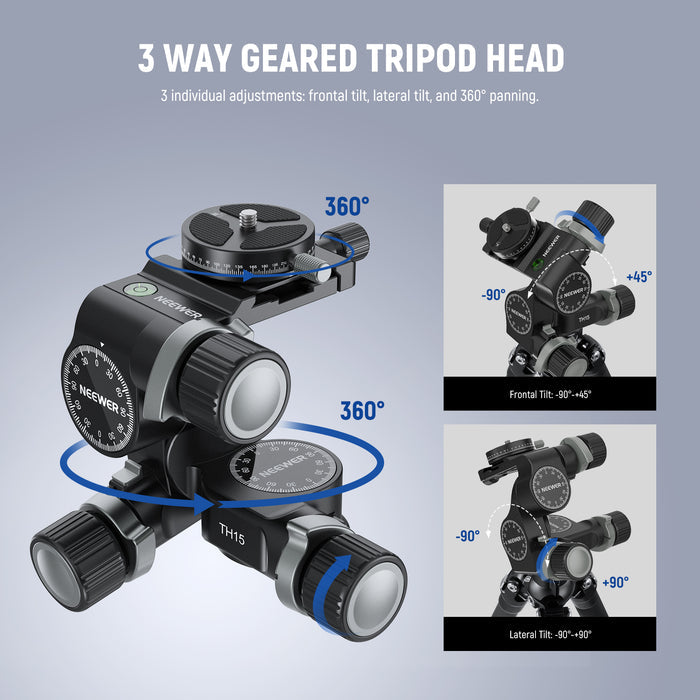NEEWER TH15 3 Way Geared Head offers 3 individual positions