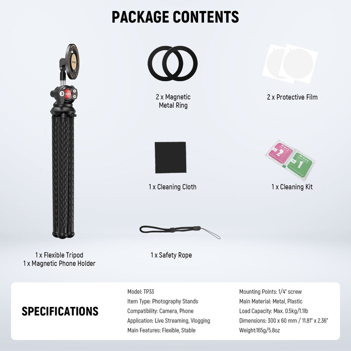 Package Contents of the NEEWER TP33 Magnetic Flexible Phone Tripod