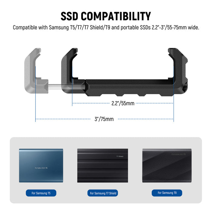 This SSD mounting bracket is compatible with Samsung T5/T7/T7 Shield/T9 portable SSD.