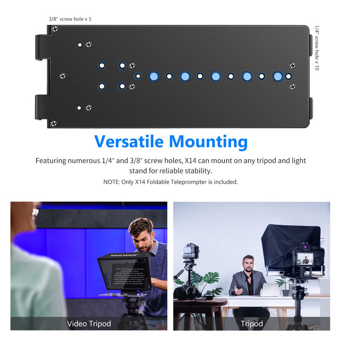 NEEWER X14 Portable Teleprompter can be mounted on any tripod or light stand.