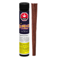 Straight-on view of an upright O.P.P. Resin Infused Blunt PR 1 x 1 g tube with purple label beside a single brown blunt.