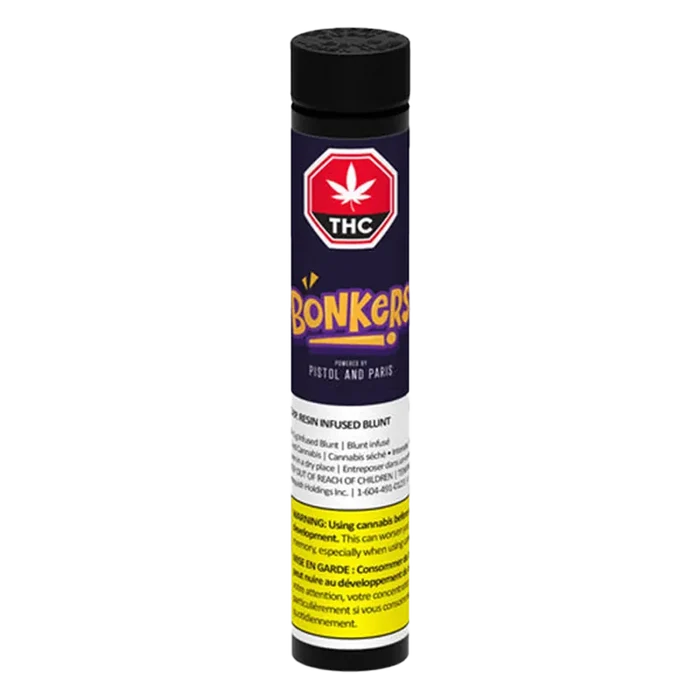 Straight-on product shot of a cylindrical tube labeled O.P.P. Resin Infused Blunt PR 1 x 1 g with purple branding, warning text block, and black cap.