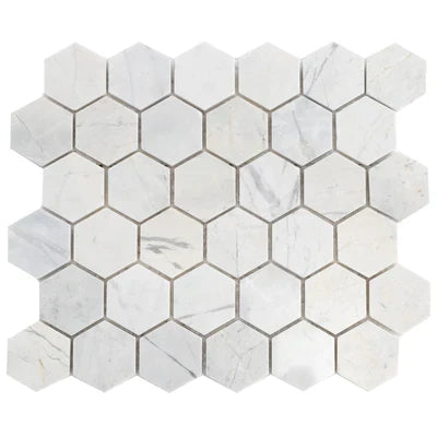 Palia White Dolomite - Mesh Mosaic Tile Collection in 2" Hexagon Pattern - Polished