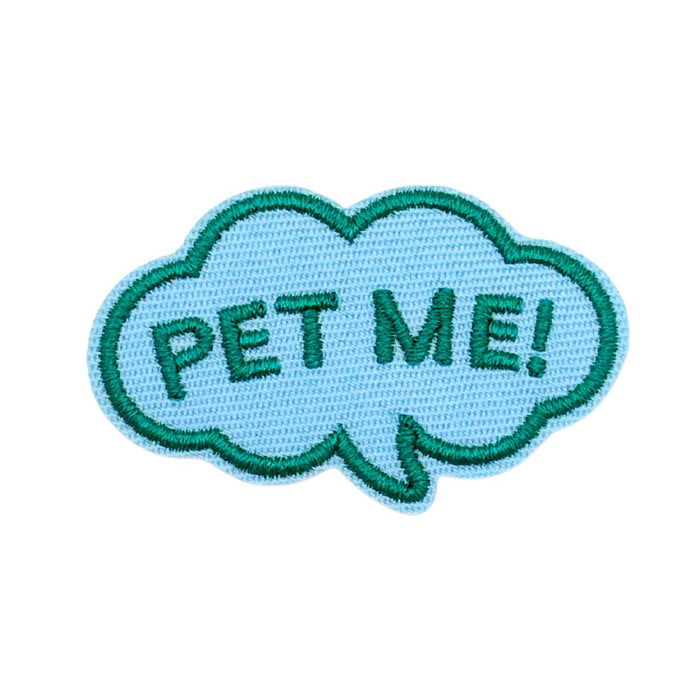 Embroidered patch with 'PET ME!' text on a light blue background