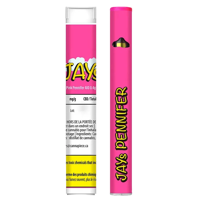 Straight-on front and side view of the bright pink "Pink Pennifer Disposable Vape" showing bold yellow "JAYS PENNIFER" text and a clear mouthpiece.