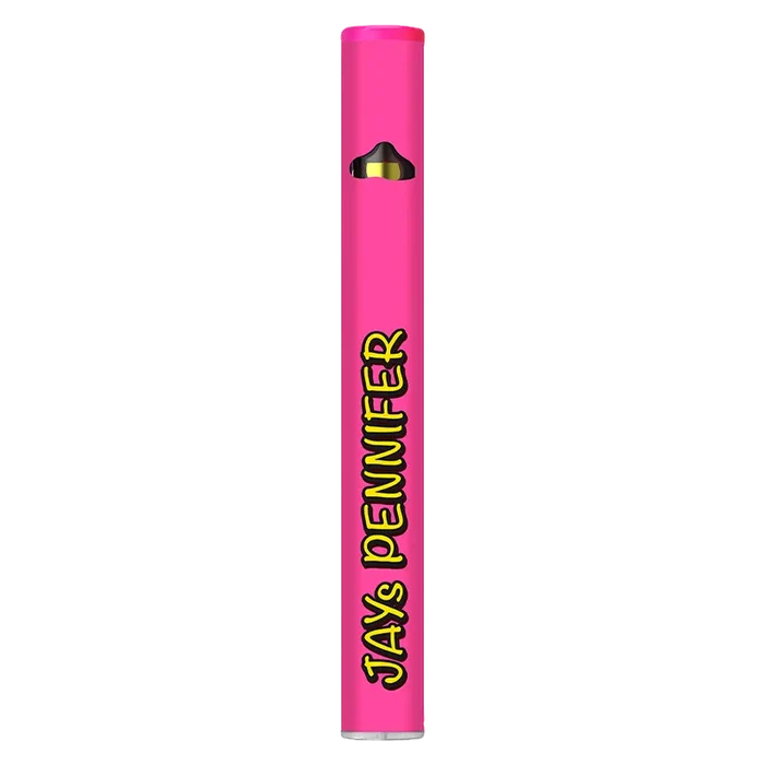 Tall, centered product shot of the bright pink Pink Pennifer Disposable Vape with bold yellow "JAYS PENNIFER" text along its shaft.