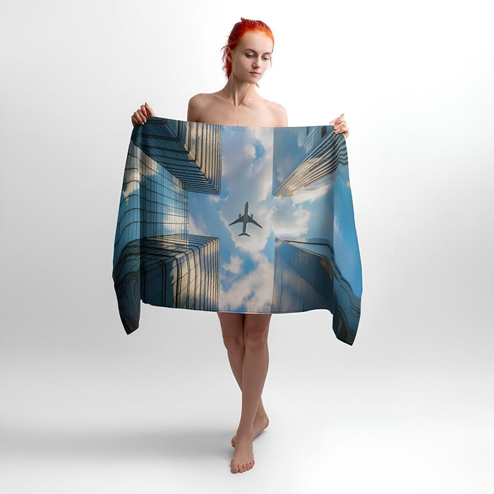 Plane Over the City Print - Soft Cotton Terry Bath & Beach Towel
