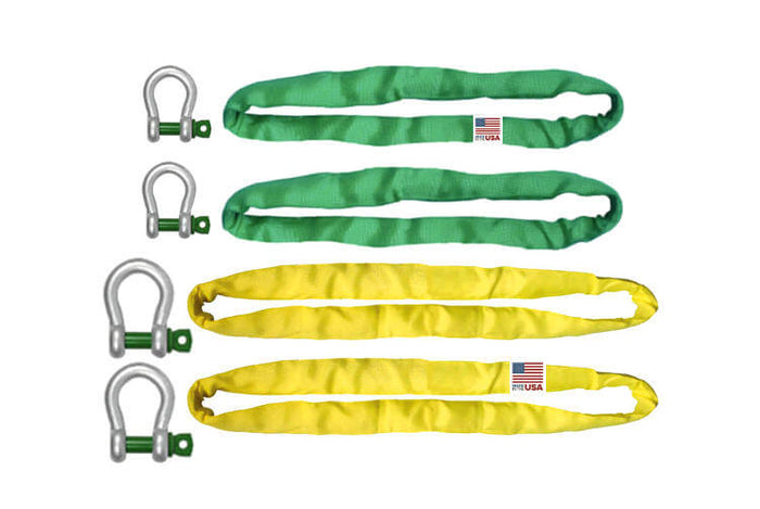 Polyester Round Sling Kit with Van Beest Shackles (USA).  Made with Green and yellow round slings.
