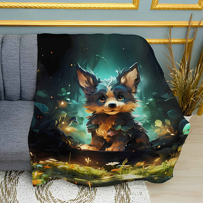 Puppy in Fairytale Forest Print Plush Fleece Throw Blanket