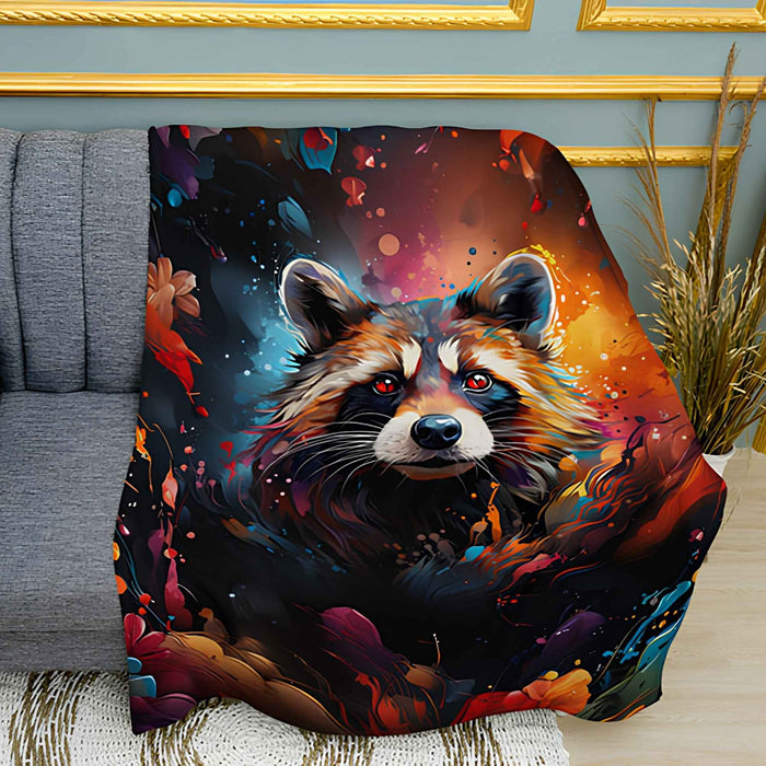 Raccoon in Paints Colorful Splash Print Plush Fleece Throw Blanket