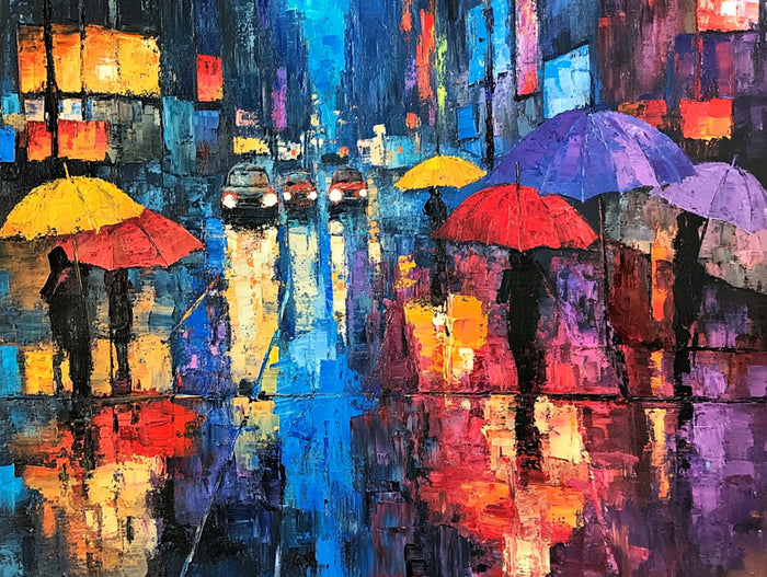 Rainy Reflections Vibrant City