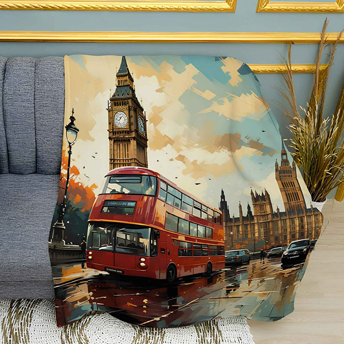 Red London Bus Art Print Plush Fleece Throw Blanket
