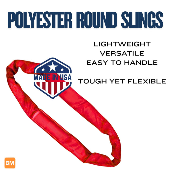 Red polyester round sling with 'Made in USA' label.