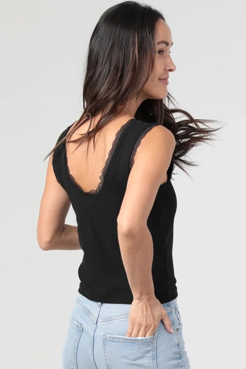 Rib Knit Cinch Bust Lace Trim Tank Top (Black)